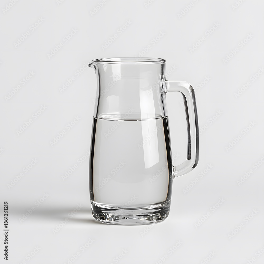 Clear glass water pitcher, half-full, studio shot, minimalist background, beverage serving Clear glass water pitcher, half-full, studio shot, minimalist background, beverage serving