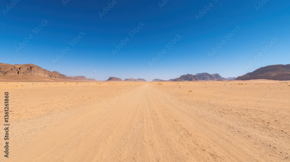Fototapeta premium vast desert landscape with clear blue sky and distant mountains creates serene atmosphere