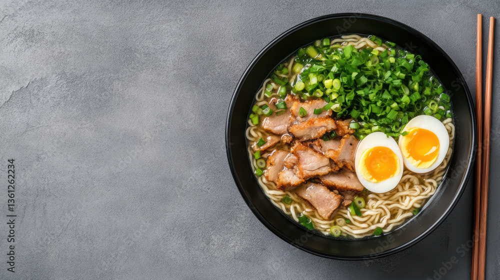delicious bowl of Japanese ramen featuring tender pork, soft boiled eggs, and fresh green onions delicious bowl of Japanese ramen featuring tender pork, soft boiled eggs, and fresh green onions