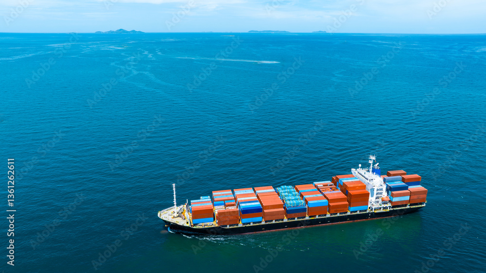 Fototapeta premium Aerial view of the freight shipping transport system cargo ship container. international transportation Export-import business, logistics, transportation industry concepts 
