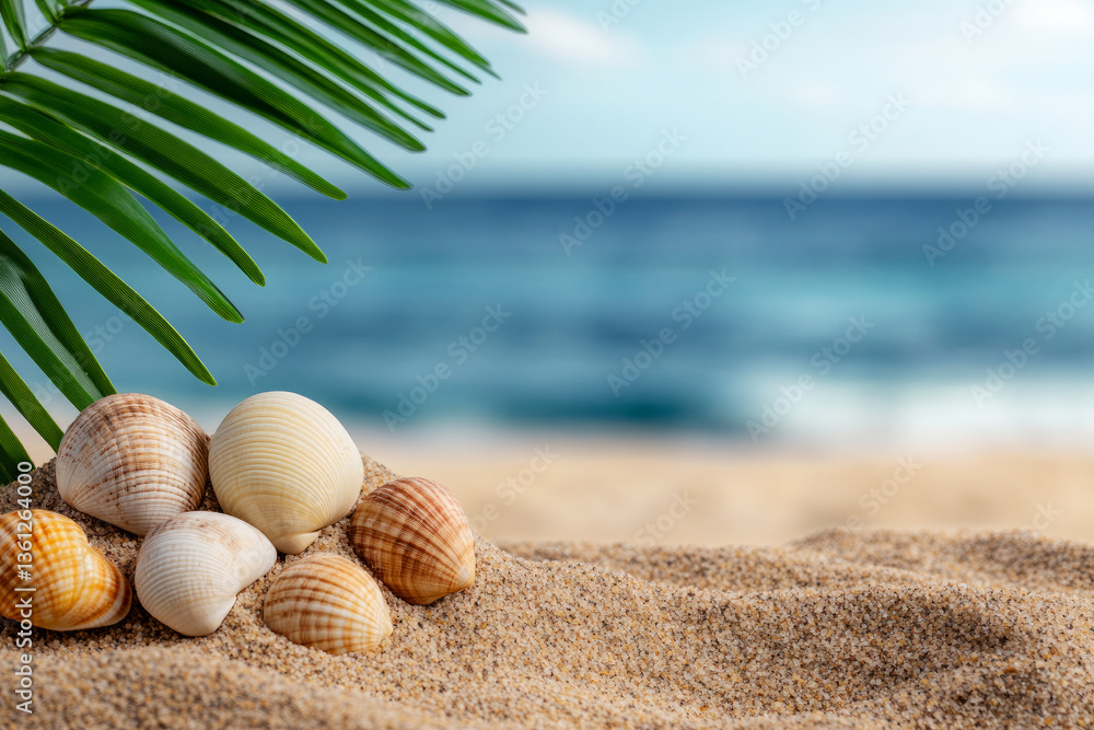 Obraz premium Seashells on Sandy Beach with Tropical Palm Leaf and Ocean Background in Sunny Weather