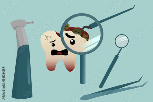 Vector Illustration of Tooth Decay Examined with Magnifying Glass and Dentist Instruments – Useful for Oral Health Awareness Programs