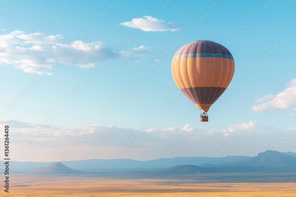Fototapeta premium serene hot air balloon floats gracefully across clear blue sky with gentle clouds vast open plains stretch below inviting