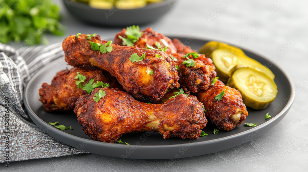Crispy fried chicken drumsticks garnished with herbs and served with pickles Crispy fried chicken drumsticks garnished with herbs and served with pickles