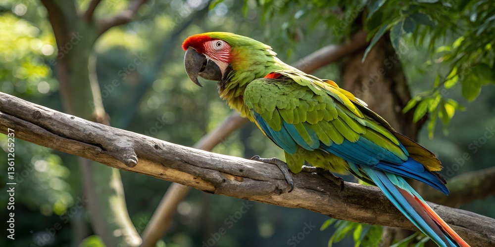 Obraz premium Vibrant Green Macaw Perched on a Branch in Lush Tropical Foliage A Stunning Display of Avian Beauty AI Generative