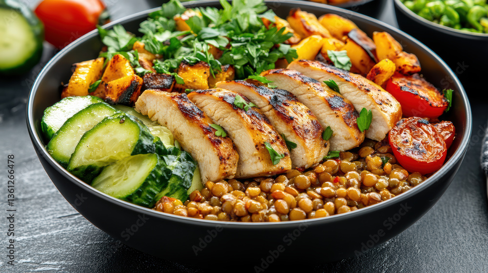 Fototapeta premium vibrant and nutritious meal featuring grilled chicken, sprouted lentils, and fresh vegetables