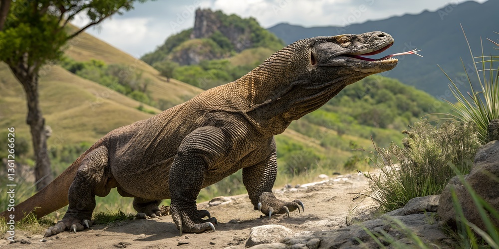 Fototapeta premium Green iguana, a tropical reptile, scales sun-warmed rocks AI Generative