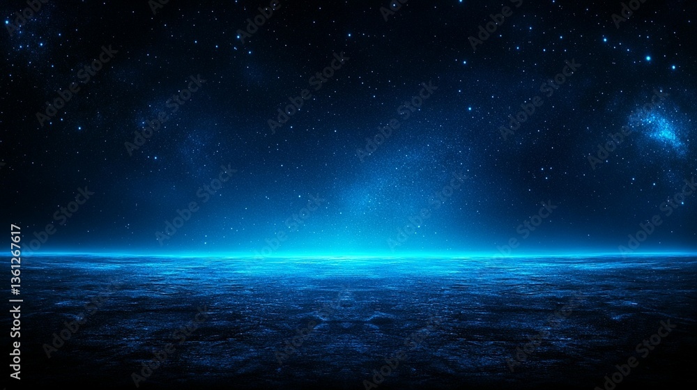 Fototapeta premium Dark blue night sky with bright horizon and stars.