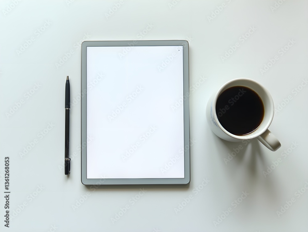 Flat lay of a tablet and a coffee mug with a pen symbolizing digital note taking in double exposure with copy space concept as A flat lay of a tablet and a coffee mug intertwined Clear Flat lay of a tablet and a coffee mug with a pen symbolizing digital note taking in double exposure with copy space concept as A flat lay of a tablet and a coffee mug intertwined Clear
