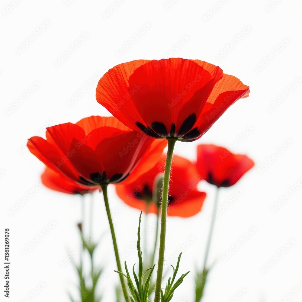 Fototapeta premium Close-up of vibrant red poppy flowers with delicate petals against a white background, showcasing bold natural beauty.