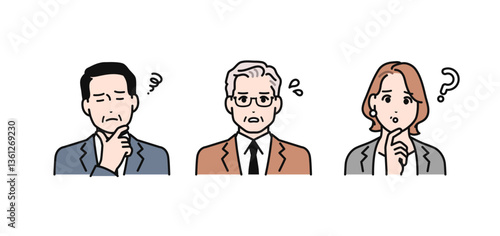 悩む表情の会社役員のシンプルなベクターイラストセット