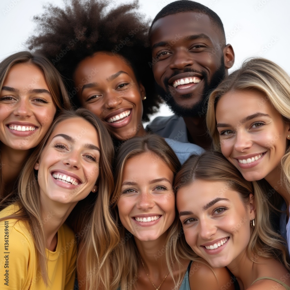 Close-up of a diverse group of smiling men and women against a white background, radiating vibrant joy and positivity. Close-up of a diverse group of smiling men and women against a white background, radiating vibrant joy and positivity.