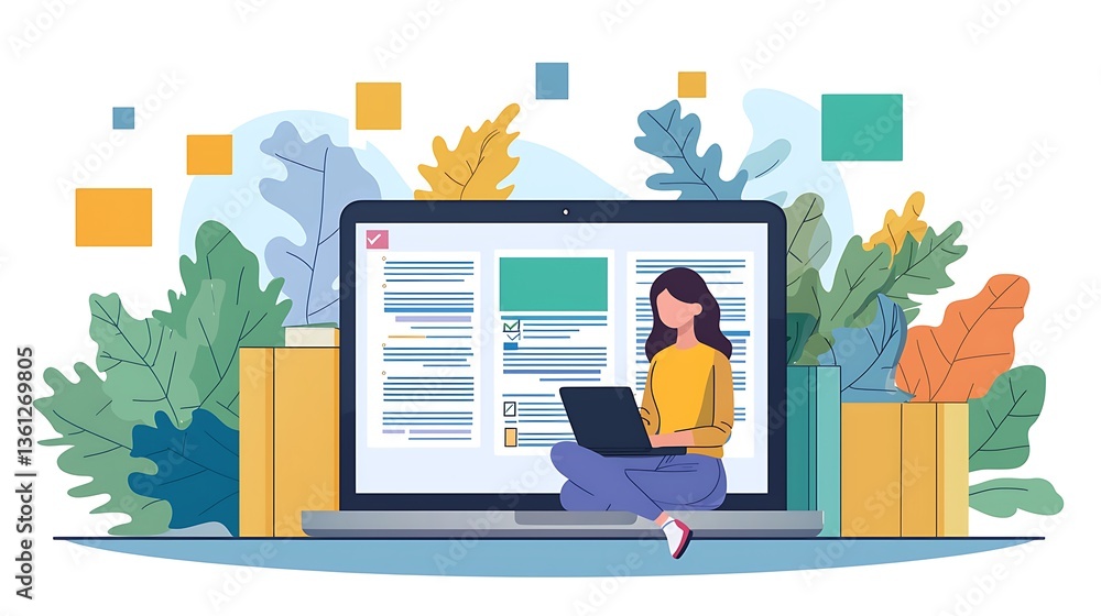 Fototapeta premium Young Woman Working on Laptop Surrounded by Colorful Leaves and Digital Elements