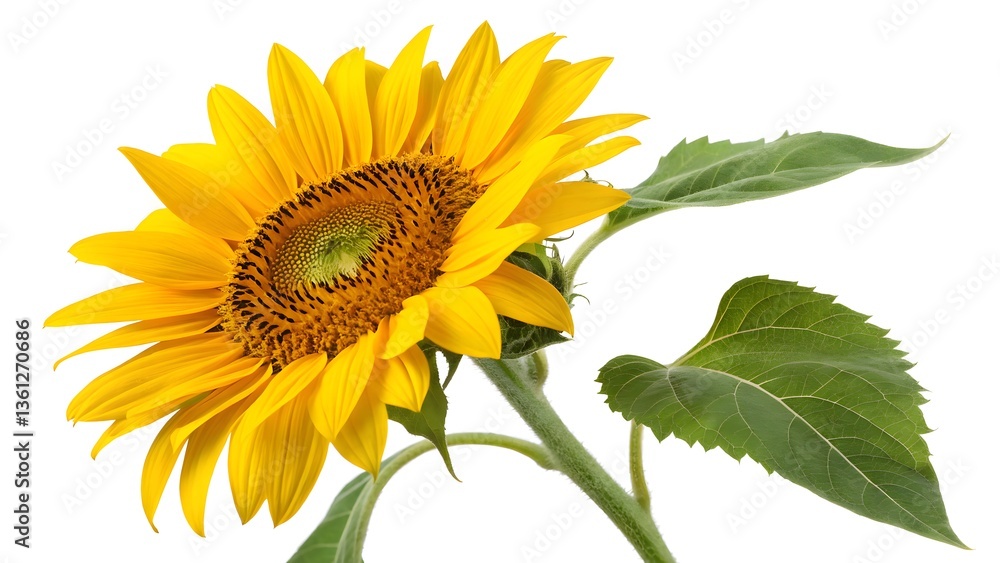 Naklejka premium Bright Yellow Sunflower with a Large Center, Isolated on a White Background, radiating warmth and happiness, Clean and Modern Botanical Stock Photo