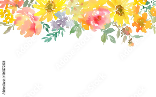 Watercolor summer floral drop background with abstract hand painted orange peonies, sunflower and wild flowers. Vector files.
