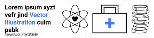 Atom with heart symbol, medical first aid kit, stack of coins. Ideal for healthcare, finance, science, innovation, wellness, economics simple landing page