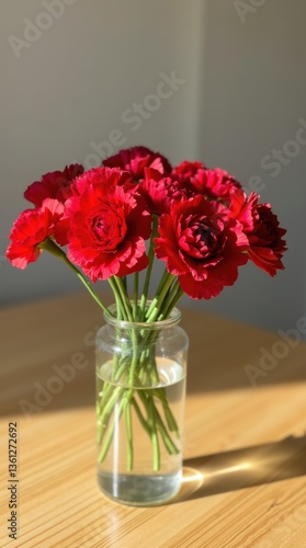 Wallpaper Mural Elegant red carnations in a vase on a wooden table with natural sunlight, creating a serene and classic floral composition. Torontodigital.ca