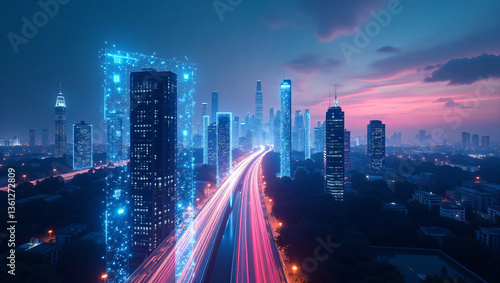 Futuristic New Delhi Skyline – Smart City with Digital Data Streams