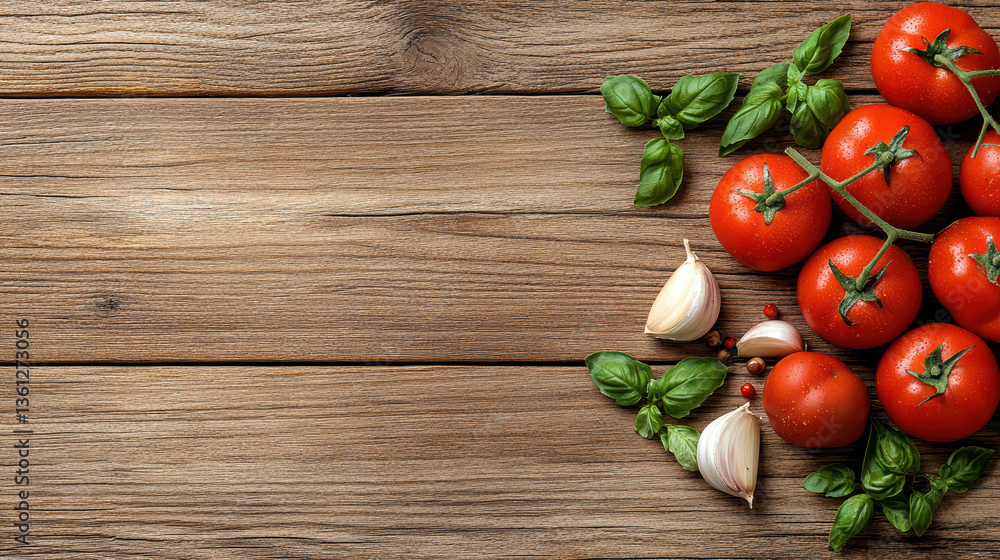 Fresh tomatoes and garlic rustic wooden table, garnished with basil leaves, create vibrant scene Fresh tomatoes and garlic rustic wooden table, garnished with basil leaves, create vibrant scene