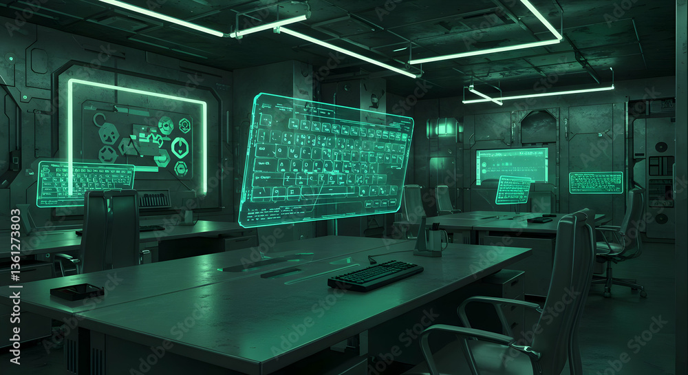 Futuristic Cyber Office Interior With Green Lighting Futuristic Cyber Office Interior With Green Lighting