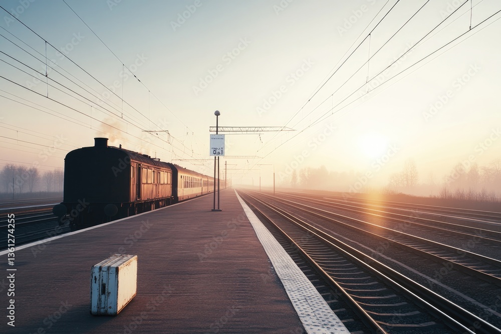 Fototapeta premium railway tracks stretch infinitely towards horizon under clear sky