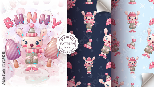 Cartoon character childish animal rabbit in forest - seamless pattern