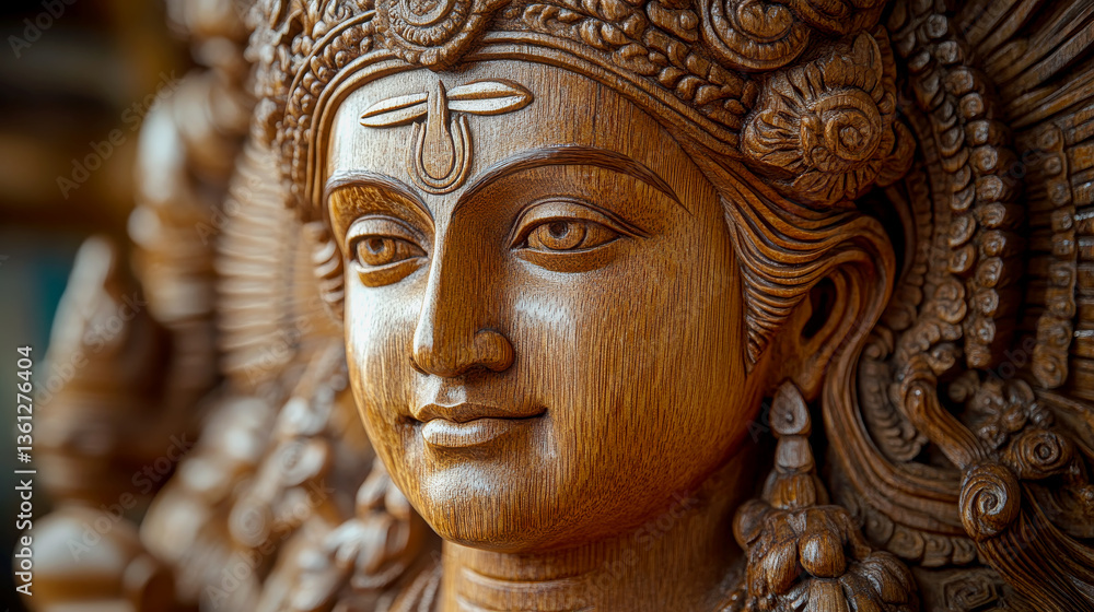 A wooden sculpture in profile view with a peaceful expression and intricate design A wooden sculpture in profile view with a peaceful expression and intricate design