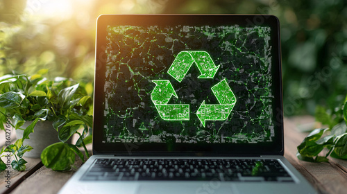 Laptop with a recycling symbol on the screen amidst greenery.