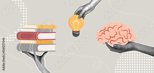 Trendy halftone collage. Education, ideas and knowledge. Concept of mental skills development, creativity development, self development, intelligence training, education.