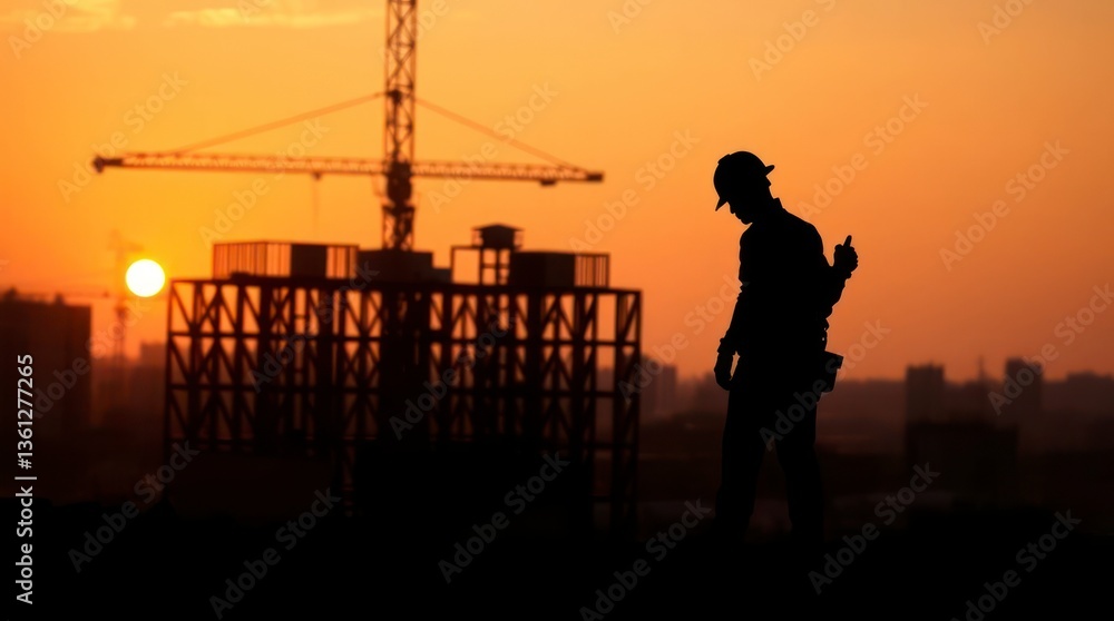 Silhouette of Construction Worker on Site at Sunset with Crane Building Silhouette of Construction Worker on Site at Sunset with Crane Building