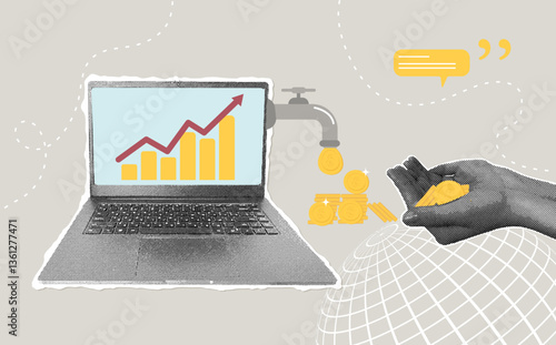 Trendy halftone collage.Concept of making money online, selling products online, marketing, e-commerce,making profit from investment. Flying money from online laptop site.