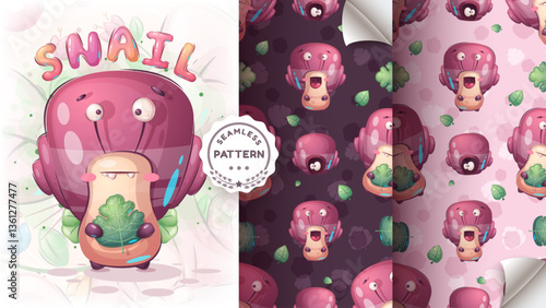 Seamless pattern cartoon character adorable snail, pretty animal idea for print t-shirt, poster and kids envelope, postcard. Cute hand drawn style snail