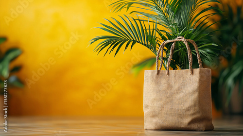 A textured bag with a palm plant against a vibrant yellow background.