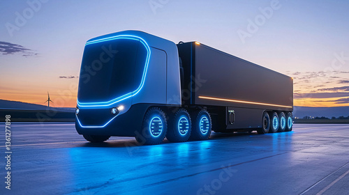 Futuristic truck with blue lights on a reflective surface at sunset.