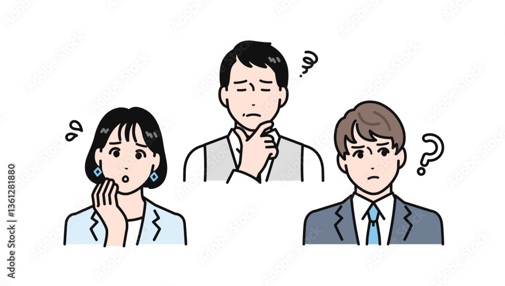 Naklejka premium 悩む表情の上司と部下のシンプルなベクターイラストセット