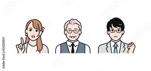 問題が解決して喜ぶ上司と部下のシンプルなベクターイラストセット