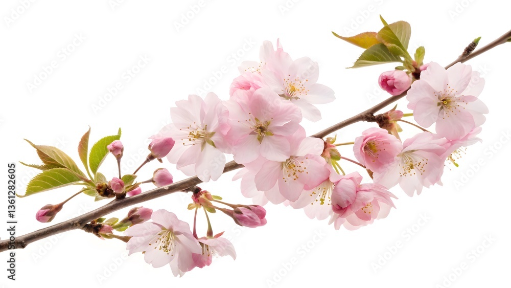 Fototapeta premium Fresh Cherry Blossom Branch with Soft Pink Flowers, Isolated on a White Background, evoking a sense of tranquility and renewal, Clean and Elegant Floral Stock Photo