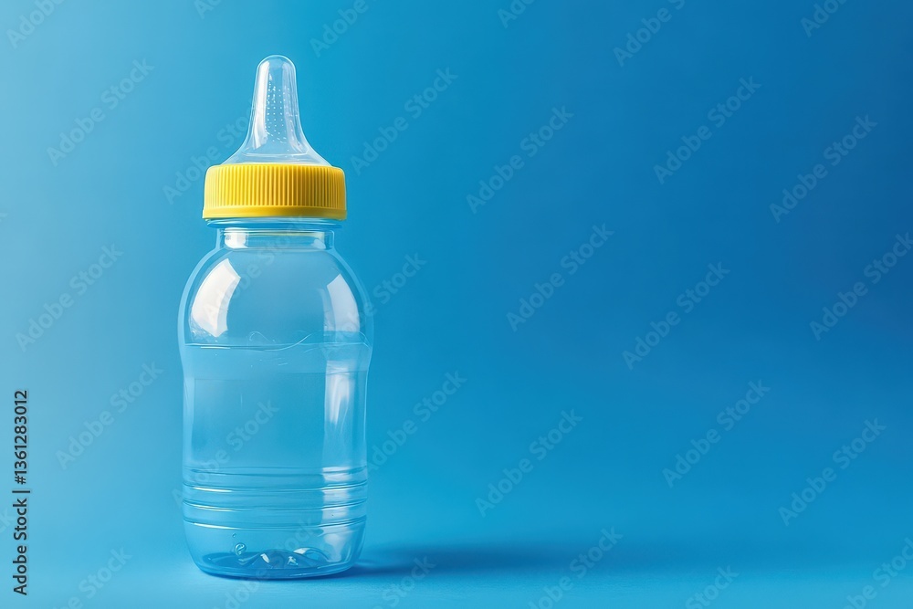 A clear plastic baby bottle with yellow top and teat A clear plastic baby bottle with yellow top and teat