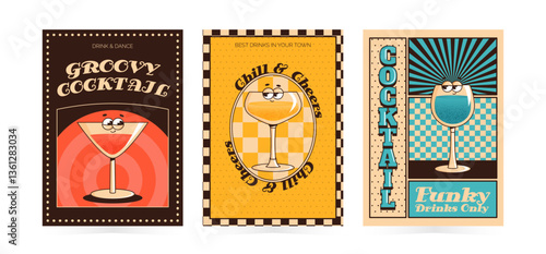 Groovy character cocktails. Set retro poster, flyer with alcoholic or nonalcoholic drinks. Vintage vector illustration 70s, 80s style for cafe, bar, lounge