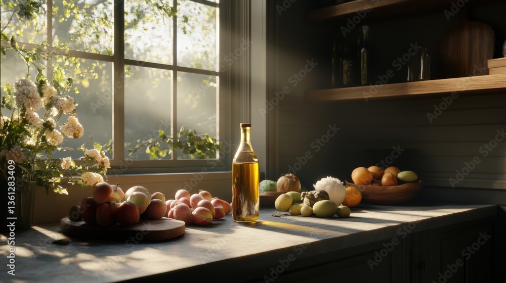 Fototapeta premium Sunlit Kitchen Scene with Fresh Fruits, Vegetables, and Olive Oil Bottle on Wooden Table by Window