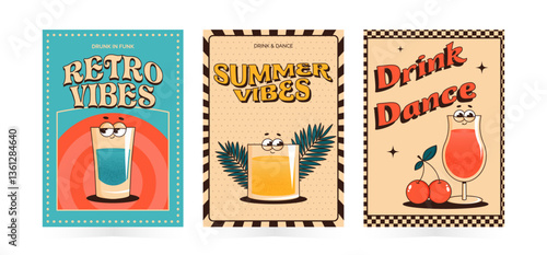 Groovy character cocktails. Set retro poster, flyer with alcoholic or nonalcoholic beverage. Vintage vector illustration 70s, 80s style for cafe, bar, lounge