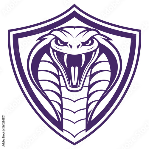 Cobra Snake Logo Inside Shield, Purple Outline, Sharp Fangs, Aggressive Mascot, Reptile