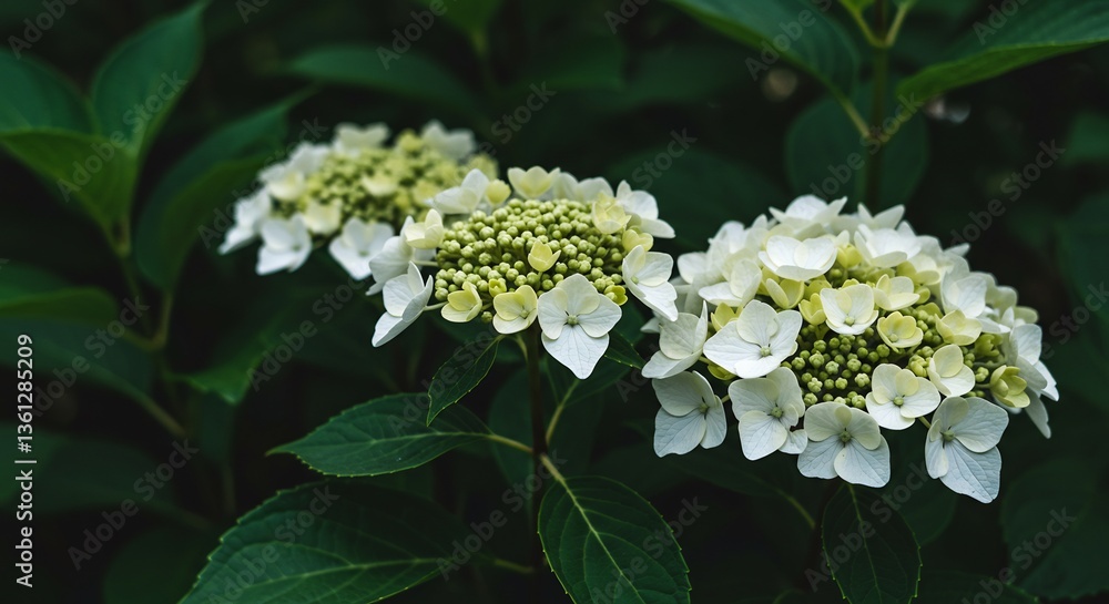 Soft light illuminates delicate white hydrangea blooms. AI Generated Soft light illuminates delicate white hydrangea blooms. AI Generated