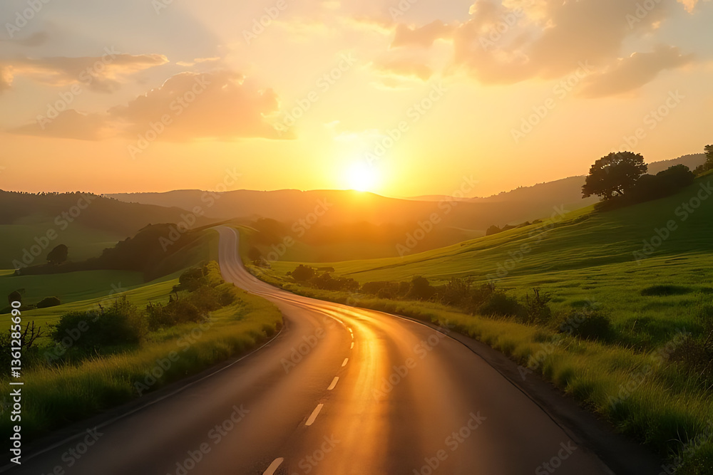 Driving towards the sunset on a serene road in nature's landscape capturing tranquility Driving towards the sunset on a serene road in nature's landscape capturing tranquility