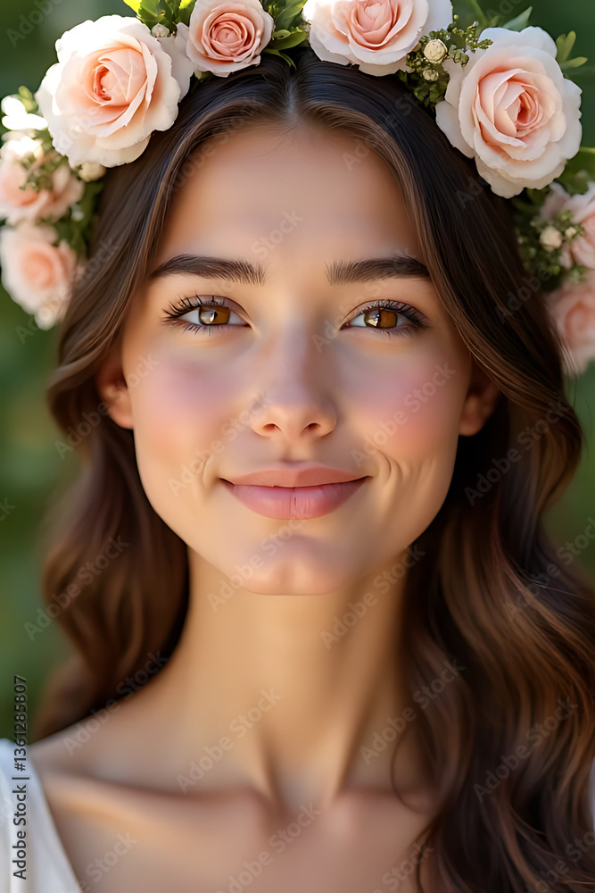 Portrait of a young woman with floral crown outdoor setting lifestyle photography natural light Portrait of a young woman with floral crown outdoor setting lifestyle photography natural light