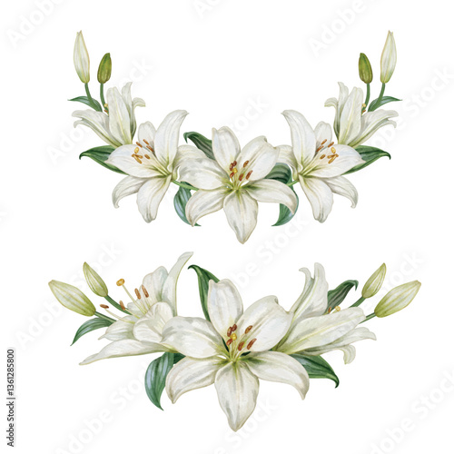 Vector wreath of White Lily flower hand draw watercolor.