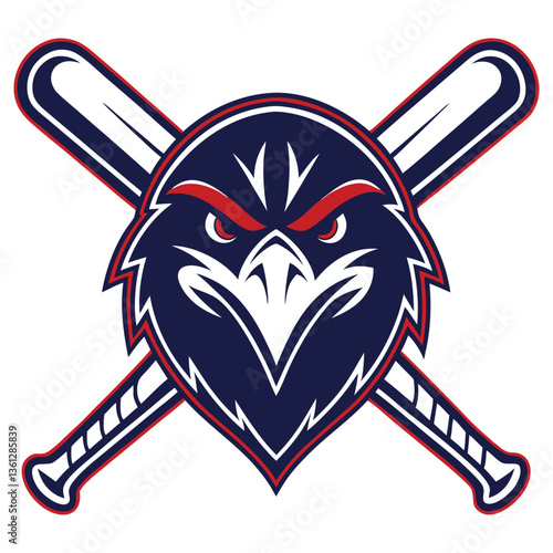 Navy Eagle Head with Red Eyes & Outline, Crossed Baseball Bats, Sports Team Emblem
