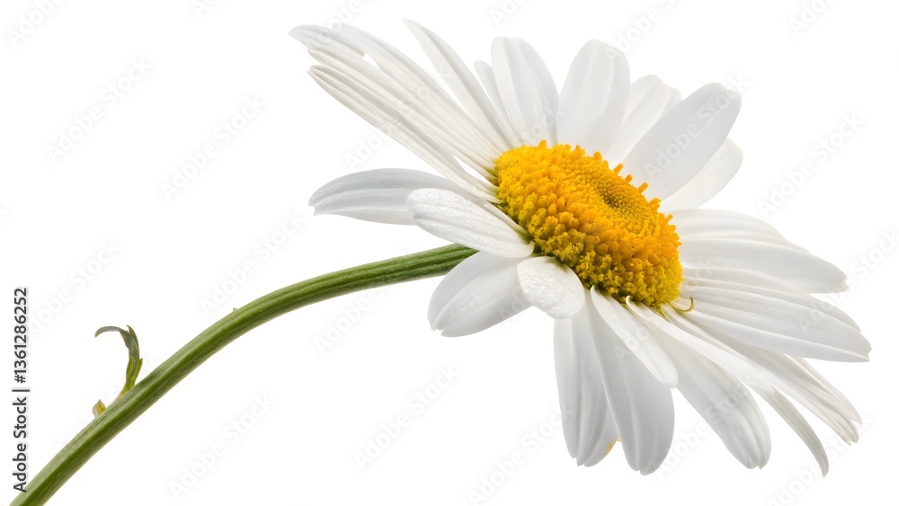 Fototapeta premium White Daisy with a Yellow Center, Isolated on a White Background, symbolizing innocence and freshness, High-Resolution Nature Stock Image