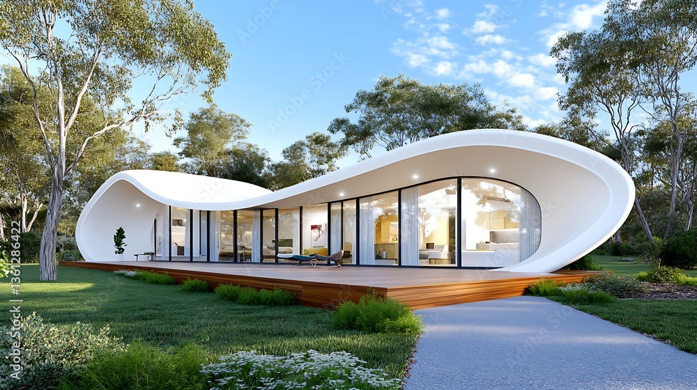 Obraz premium Modern Curved House Design Surrounded by Greenery in Bright Daylight Landscape