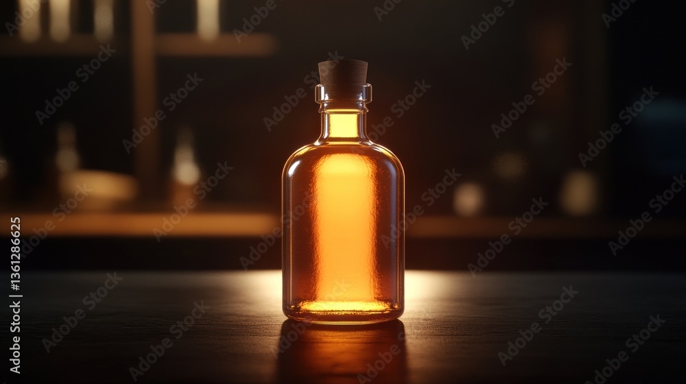 Amber glass bottle on dark table in dimly lit room. Amber glass bottle on dark table in dimly lit room.